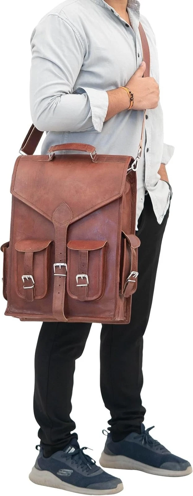 Men’s Genuine Goat Leather Backpack – Vintage Brown Laptop Rucksack Travel Bag
