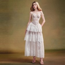Elegant White Lace Tiered A-Line Evening Dress Spaghetti Strap Formal Party Gown