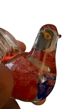Art Glass Bird Figurine Paperweight Red Blue Clear Glass