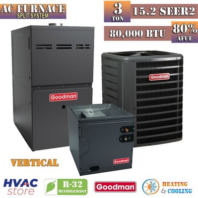 Goodman 3 Ton 15.2 SEER2 AC & Gas Furnace Split System 80% AFUE 80K BTU Vertical