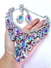 AB Crystal Choker Rhinestone Necklace Earring Set Bridal Prom Pageant