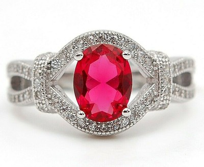  2CT Treated Ruby & White Topaz 925 Sterling Silver Ring Sz 7 NB3-2