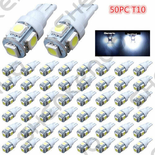 ?? 50PCS White T10 Wedge 5050 5SMD LED Lights Interior Bulbs W5W 194 168 2825 - Picture 1 of 8