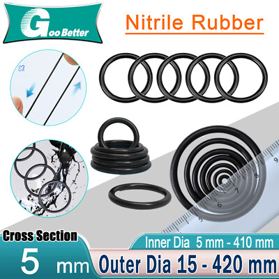 5mm Cross Section O-Rings NBR Nitrile Rubber 15mm - 420mm OD Oil Resistant Seals