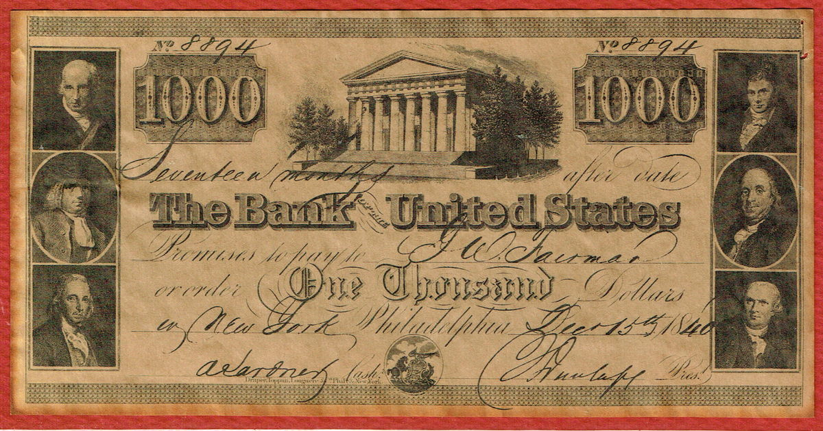 BILLさん専用 1840 BANK OF UNITED STATES PHILADELPHIA $1000 BANK NOTE #8894 NEW