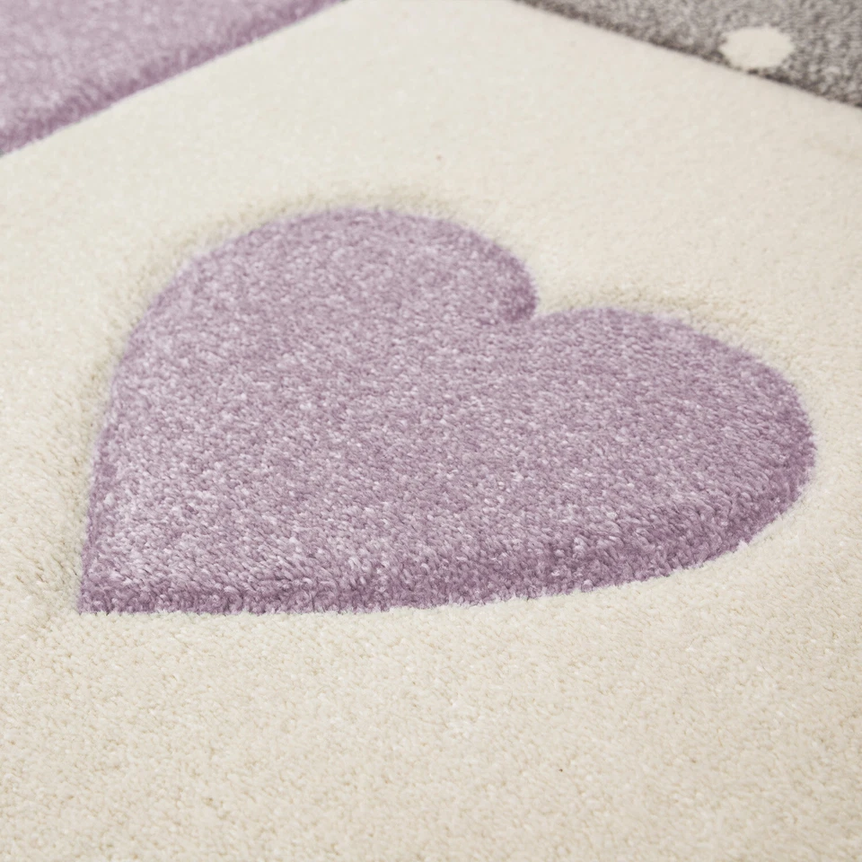 Kinderteppich Kinderzimmer Kariert Punkte Herzen Sterne In Pastell Lila Grau - Bild 3 von 4