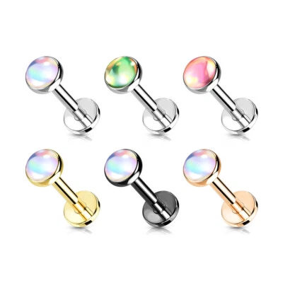 IRIDESCENT OPAL Stone Flat Top INTERNALLY Threaded Piercing Tragus Bar Cartilage - Image 1 of 4