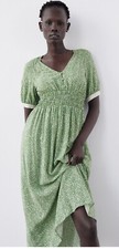 NWT Zara Short Sleeves Floral Print Midi Dress L Large Green Spring Summer Fall