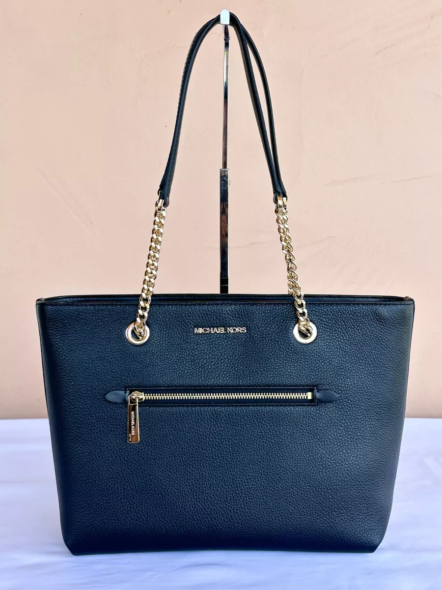 MICHAEL KORS JET SET ITEM MEDIUM FRONT POCKET CHAIN TOTE BAG PURSE BLACK