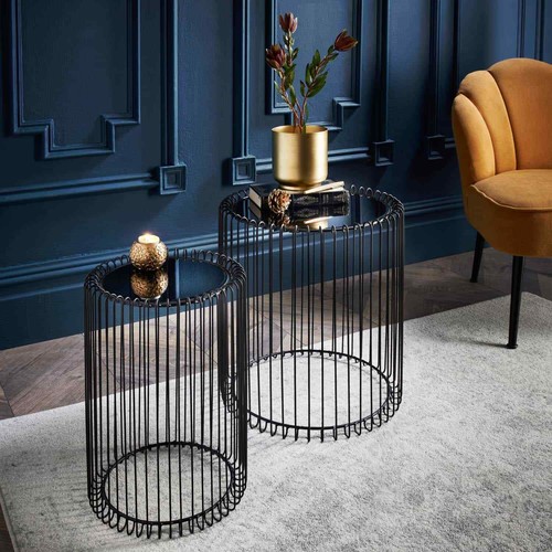 Set Of 2 Round Cage Table With Mirror Top Coffee Table Side Table Living Room - Picture 4 of 4