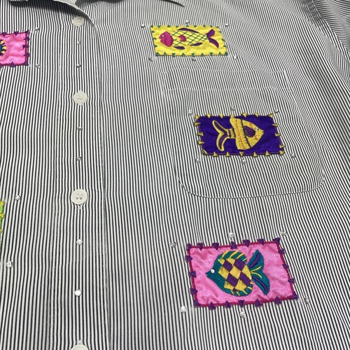 Vtg Mili Designs Blouse 1X Tropical Fish Embroidered Rhinestone Stripe 3/4 Sleev - Picture 8 of 16