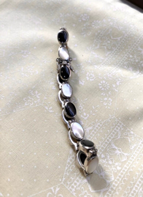 Sterling Silver 925 Black Onyx & Mother of Pearl MOP Links Bracelet 19cm 23grams