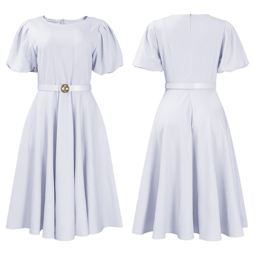 Damen Rundhals Kurzarm Plissee Kleid Cocktail Party Elegant Business Kleid - Bild 13 von 23