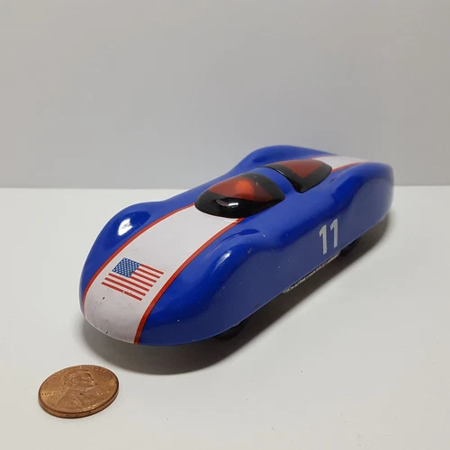 Vintage 6" Schylling Blue #11 Friction Sparkle Race Car w/ US Flag - Works