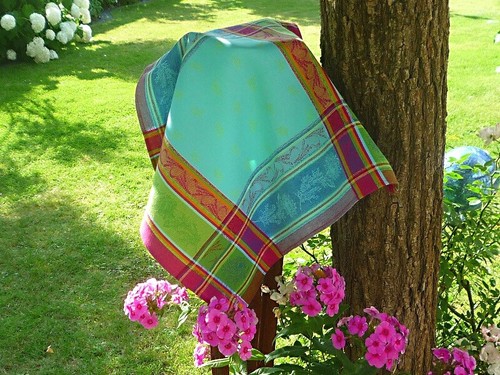 Serviette Jacquard Baumwolle 50x50 cm türkis pink grün Sonnenblumen Frankreich - Picture 5 of 6