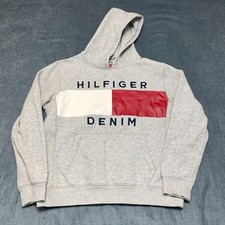 Tommy Hilfiger Denim Hoodie Mens Large Heather Gray Spell Out Flag Logo Graphic