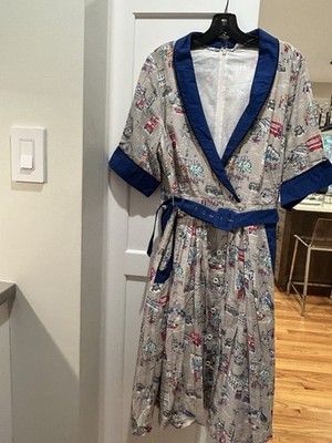 EShakti NWOT Dress 100% Cotton London print, lined 1x18w blue trim, pockets belt