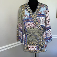 JM Collection Women's Size M Multicolor Knit 3/4 Sleeve V-Neck Faux Wrap Blouse