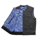 Men's Black Leather Motorcycle Vest Blue Stitch Diamond Quilted Biker Club