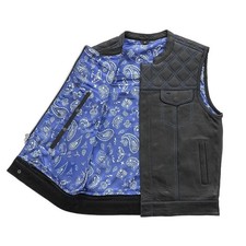 Men's Black Leather Motorcycle Vest Blue Stitch Diamond Quilted Biker Club