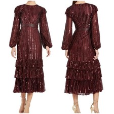 Mac Duggal NWT Red Long Sleeve Ruffle Detail Sequin Midi Dress Size 18 High Neck