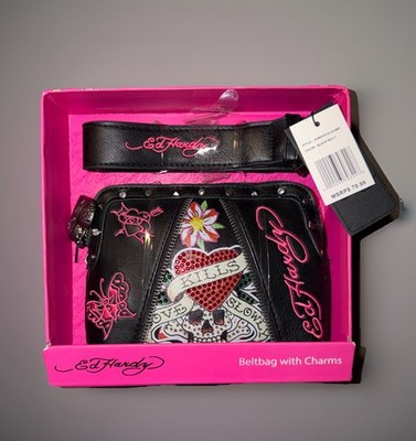 Ed Hardy Belt Bag with Charms Love Kills Slowly Black Studded Rhinestone NWT