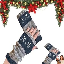 Knit Fingerless Gloves for Women, Cute Cat Embroidery Splicing Womens Blue