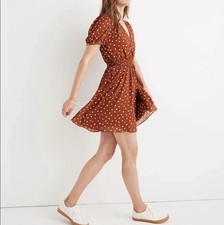 Madewell Police Dot Mini Dress in Brown Size M Medium Smocked Waist