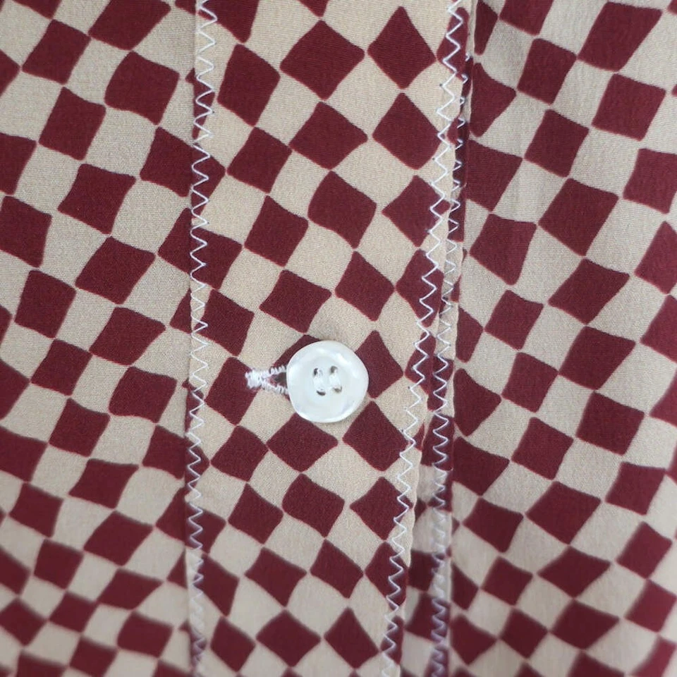 Marni Checkered Pussy Bow Blouse Burgundy & Beige Silk Size 42 Long Sleeve Top - Image 2 of 4