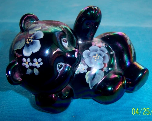 Vtg Fenton Plum Irridescent  Carnival Glass Bear 3.5" Figurine