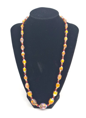 Antique Czech Venetian Opalescent Gold Foil Glass Oval Bead Necklace
