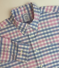 Brooks Brothers Oxford Shirt Non Iron Blue Pink Check OCBD Logo Button Up Mens L