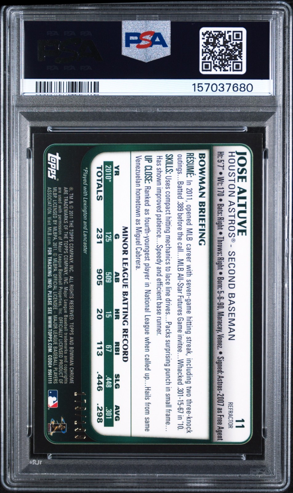 2011 Bowman Draft Chrome #11 Jose Altuve Rookie Blue Refractor /199 PSA MINT 9 view 2