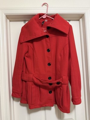 Divided by H&M Women s Red Belted Button-Front Pea Coat w/ Pockets Size 42