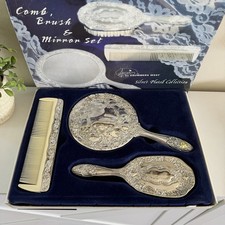 Vintage Silver Plated Vanity Set Mirror Brush Comb Ornate Victorian w/ Box