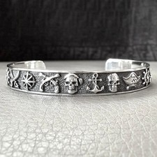 Handcrafted 925 Sterling Silver Pirate Skull Skeleton Punk Gothic Biker Bracelet