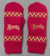 Kahlua lined knit mittens, Red Yellow acrylic w/ Fleece Lining, Kahlua liqueur