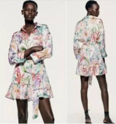 Zara Floral Printed Satin Ruffle Hem Belted Shirt Dress Size XL  Bloggers fave 