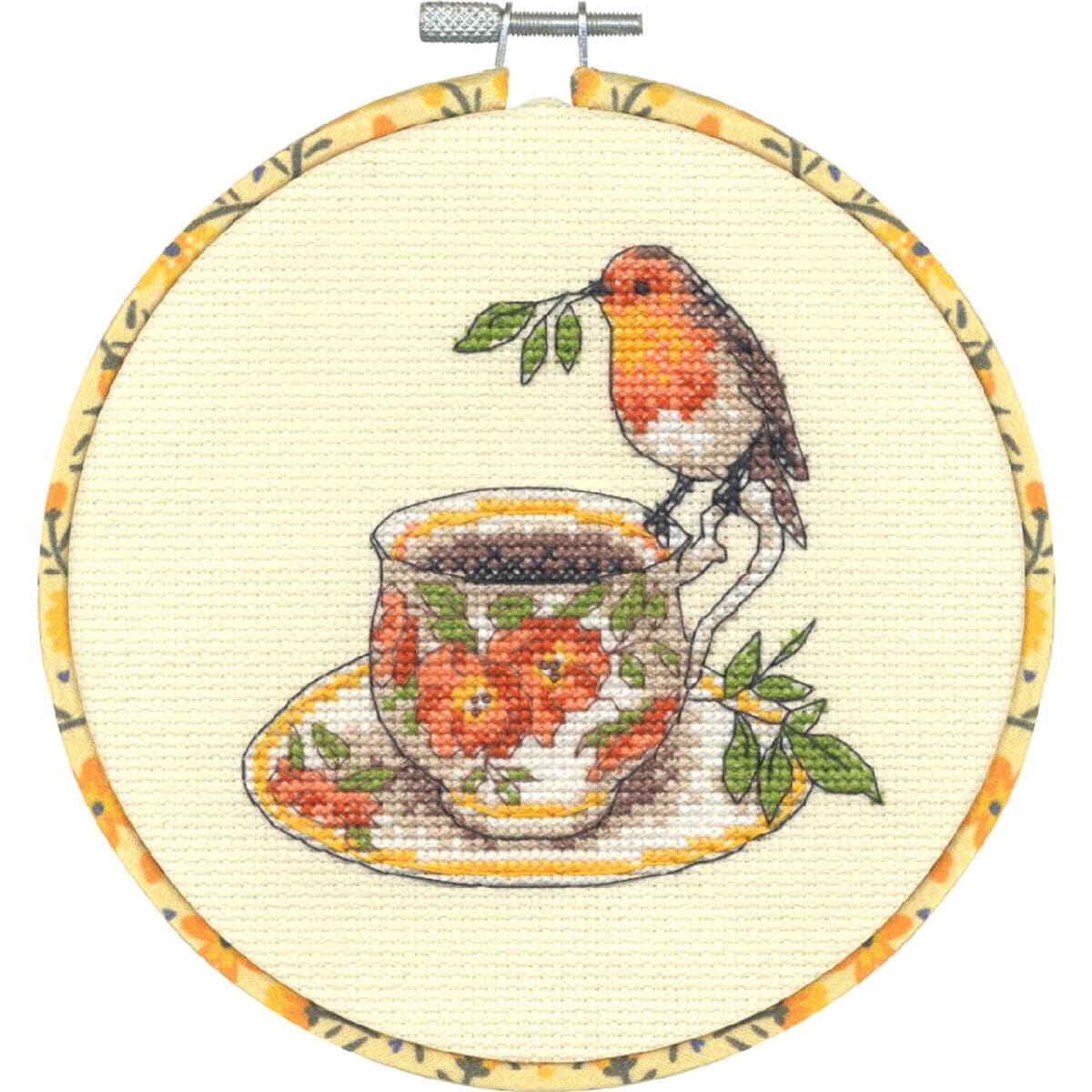 Dimensions counted cross stitch kit with hoop ""Birdie Teacup"", Diam. 15,2cm, DIY