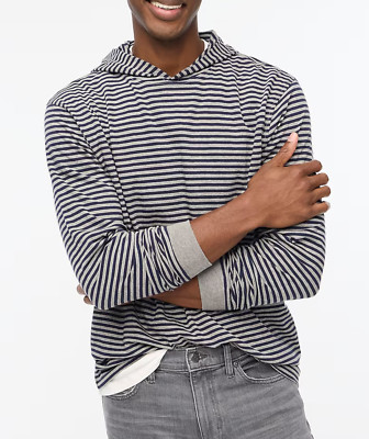 NWT J.CREW $65 Striped long-sleeve washed jersey hoodie, Grey Navy, Sz M