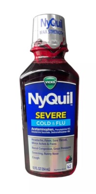 FOR CHARITY: Nyquil Severe Cold & Flu Max Strength, 12 fl oz. NEW, Exp. 9/2026
