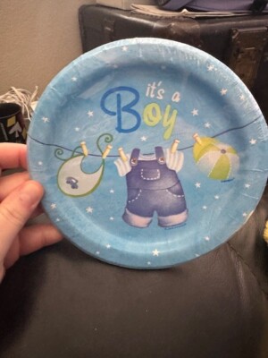 Unique 8ct. Blue Clothesline Baby Shower 6-3/4'' Paper Dessert Plates Tableware