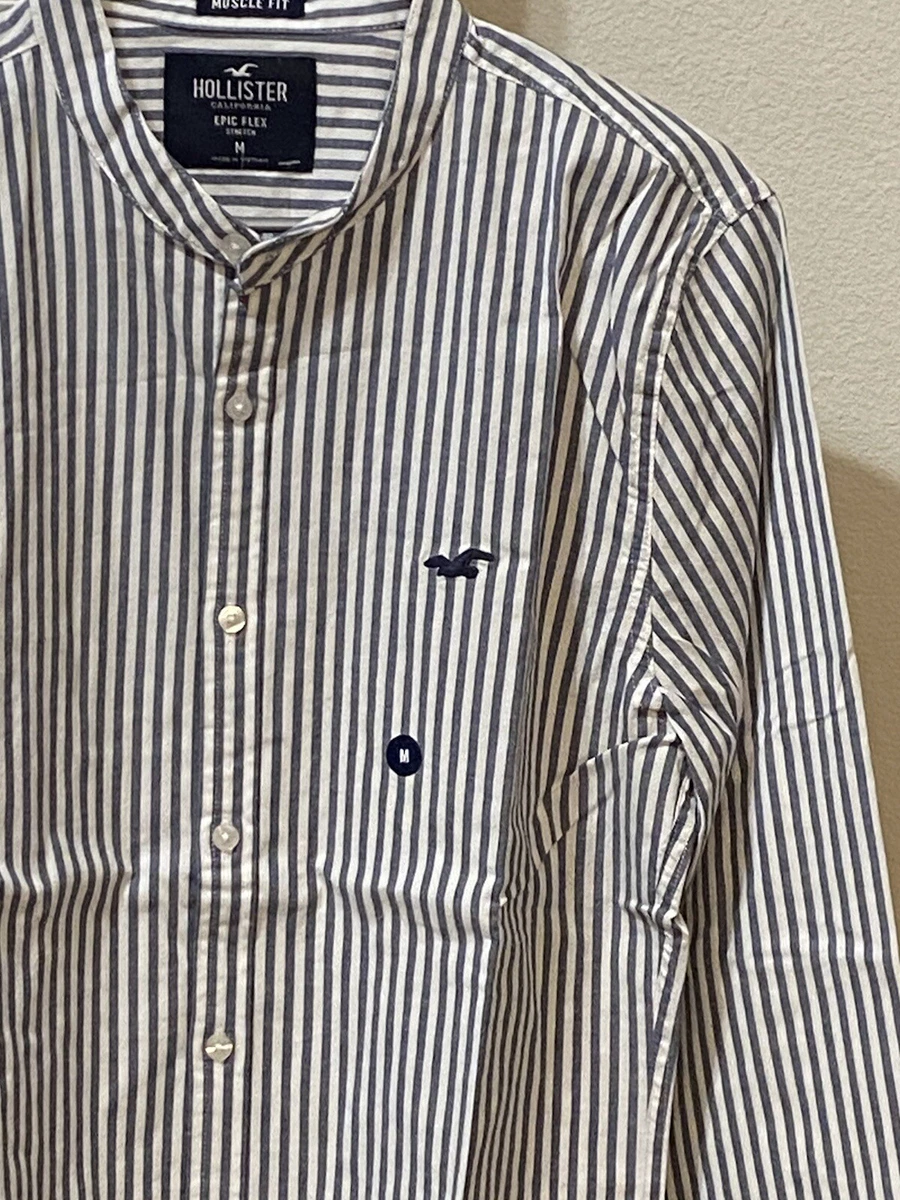 Hollister Men’s Long Sleeves Muscle Fit Stripe Cotton Shirt Navy in X-Large  Size