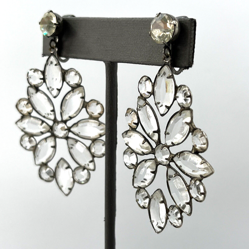 Vintage Bezel Set Beveled Crystal Silver Tone Clip-on Dangle Earrings 2.75" - Picture 4 of 12