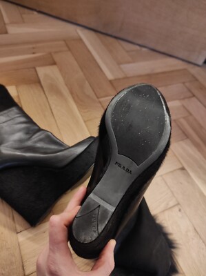 プラダ ブーツ ファー 38.5 PRADA leather genuine fur boots black platform shoes Archive
