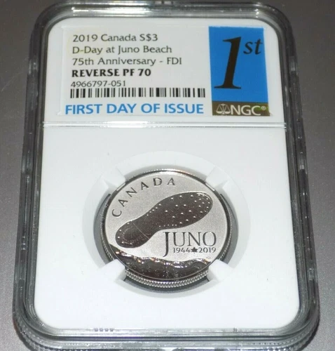 2019 CANADA $3 JUNO D-DAY REVERSE PROOF 70 PF70 SILVER FIRST DAY ISSUE NGC COIN