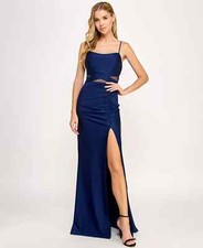 Emerald Sundae Juniors Mesh-Panel Side-Slit Gown Color Navy Size S Style AMN4272