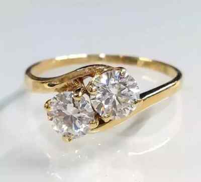2.00 Ct Real Moissanite Two Stone Engagement Wedding Ring 14K Yellow Gold Plated