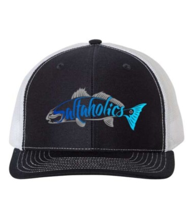 Saltaholics Redfish Logo richardson 112 white mesh hat black front Fishing 
