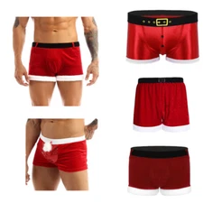 Men Lingerie Velvet Christmas Boxer Shorts Santa Claus Underwear Cospaly Costume